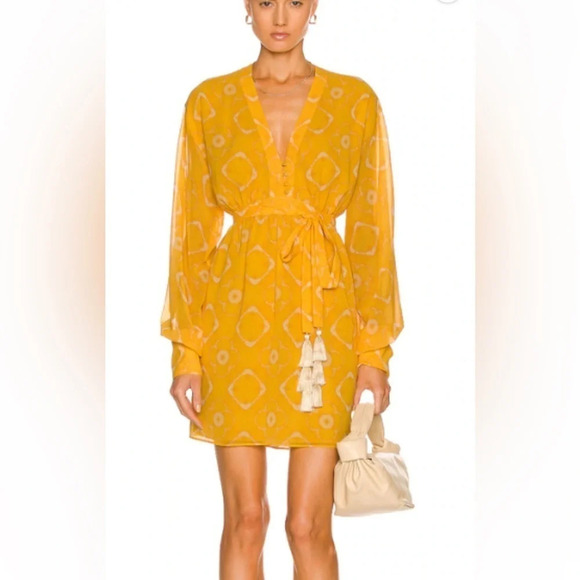 Alexis Luss Geometric Print Long Sleeve Mini Dress Yellow Sun XS Summer Colorful - Picture 1 of 8